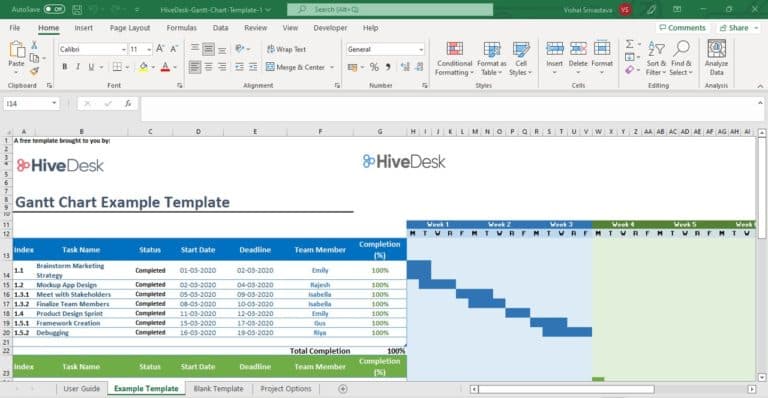 Gantt chart template in Excel with task hierarchy and color-coded timelines