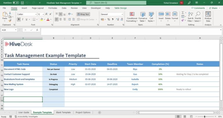 Task management template in Excel
