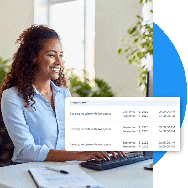 HiveDesk digital time card showing employee hours by project and task