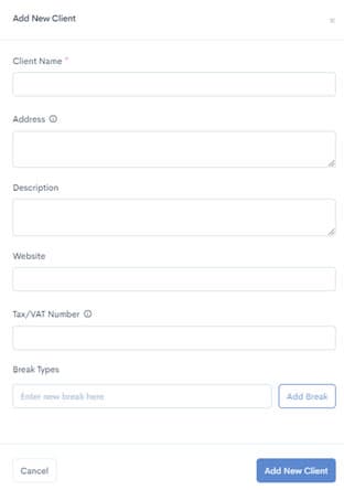 HiveDesk add new client form with name and tax details