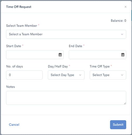 Add time off request form with date range and leave type