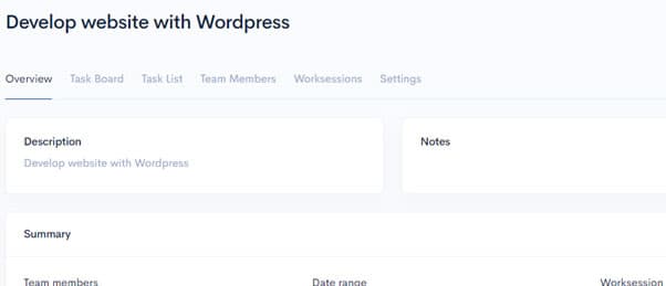 Project overview page before editing worksessions