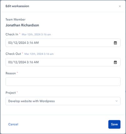 Edit worksession dialog with date, hours, and project fields