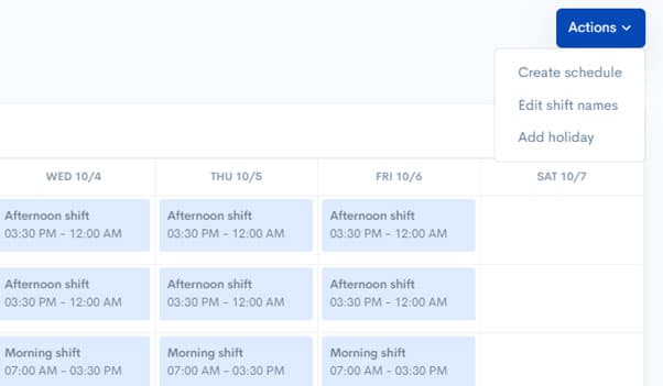 Schedule actions menu for creating and editing shifts