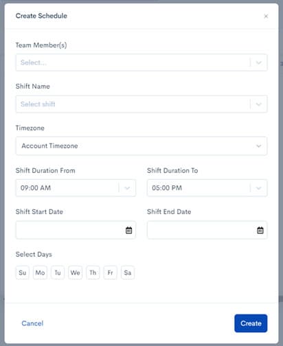 Create schedule dialog with shift name, timezone, and date settings