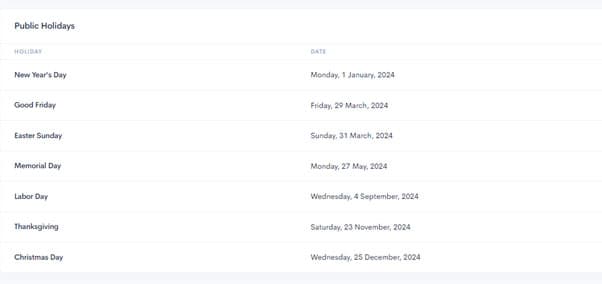 Company holiday list in HiveDesk