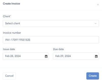 Create invoice dialog with client and date fields