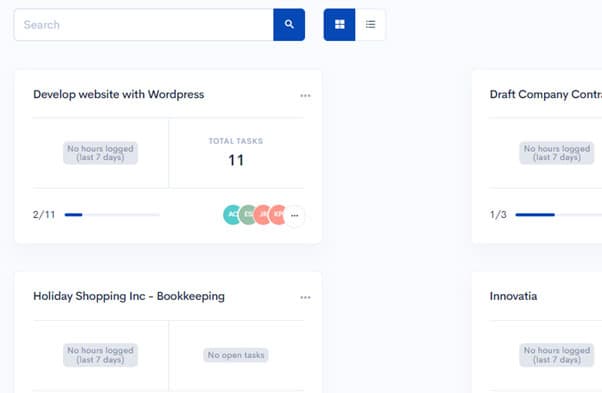 HiveDesk active projects list with hours and task counts