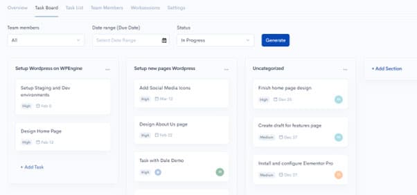 Project Kanban task board with sections