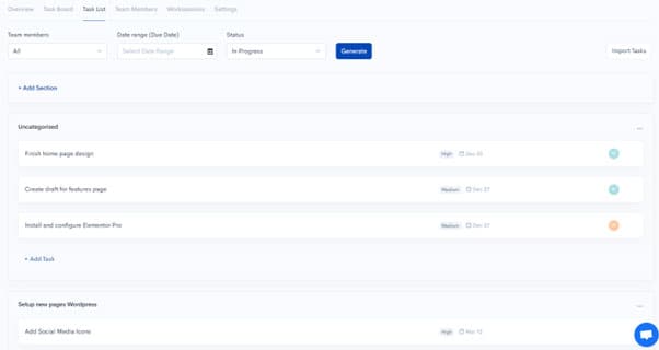 Project task list view grouped by sections