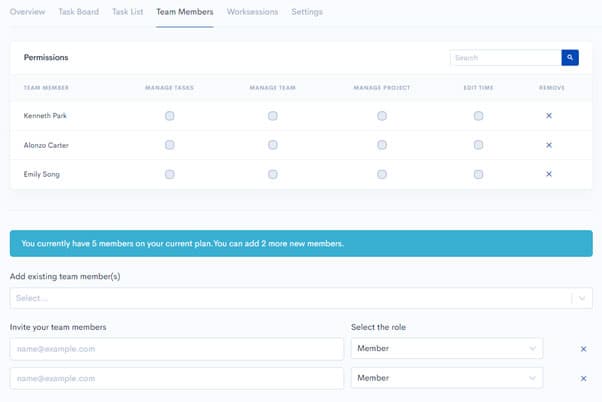 Project team members tab with permission controls