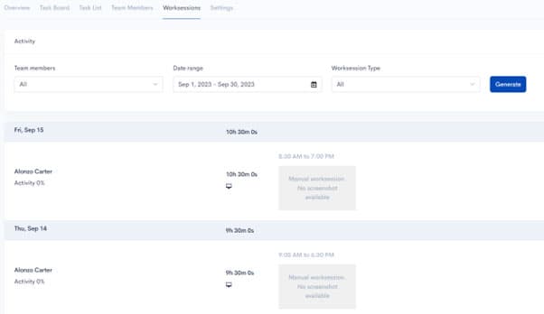 Project worksessions report with date range filter