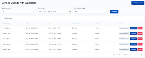 Edit worksession dialog for modifying tracked time