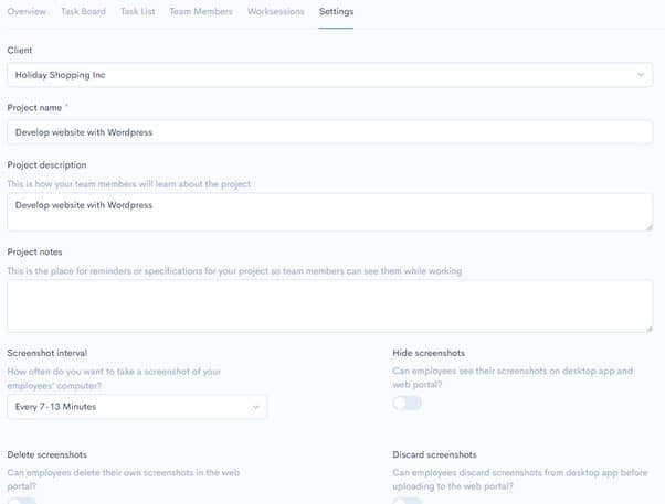Project settings tab