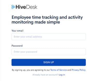 HiveDesk sign up form for free trial