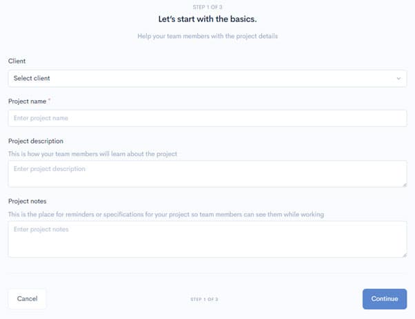 Create project step 1 — basic information form