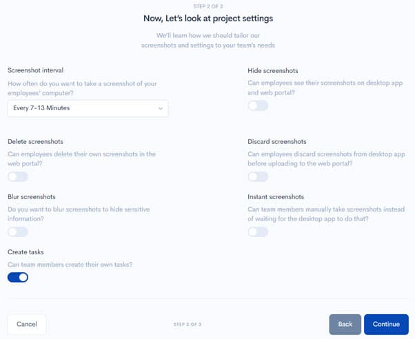 Create project step 2 — screenshot interval settings