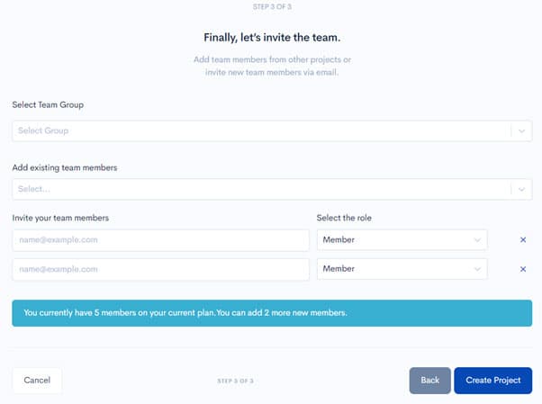 Create project step 3 — adding team members