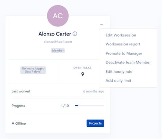 Team member options menu with promote, deactivate, and hourly rate