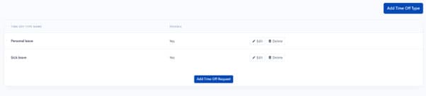 Time off types management page
