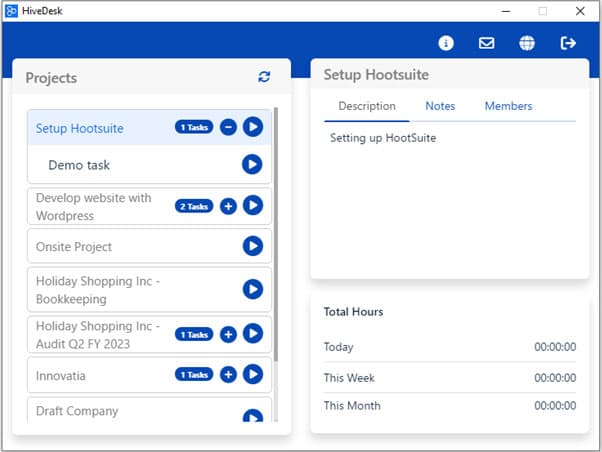 Desktop client project list with Play button