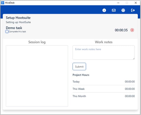 Desktop client showing active time tracking with clock