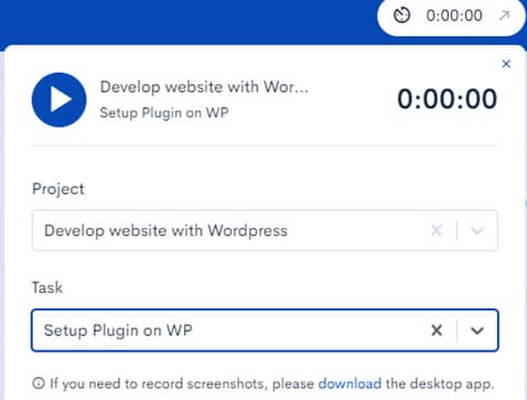 HiveDesk web app timer in the top navigation bar