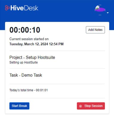 Chrome extension tracking session with project and task selection