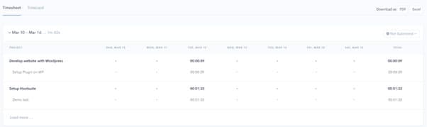 HiveDesk timesheet view showing weekly hours