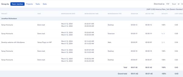 Detailed timesheet showing hours by project and date