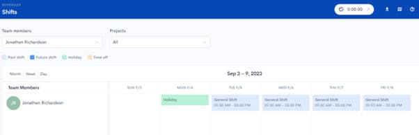Work schedule calendar showing assigned shifts by week