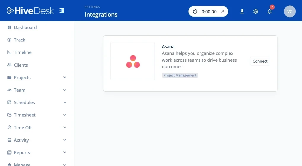 HiveDesk integrations page showing the Asana connector