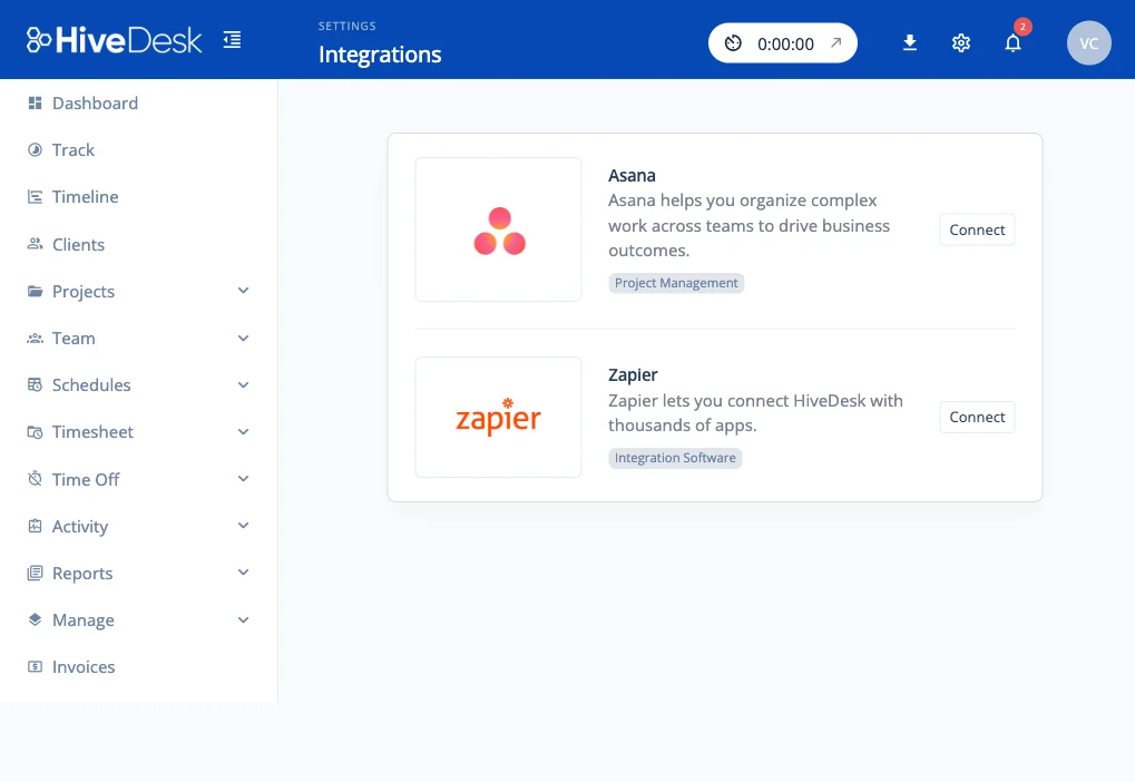 HiveDesk integrations page showing Asana and Zapier connectors