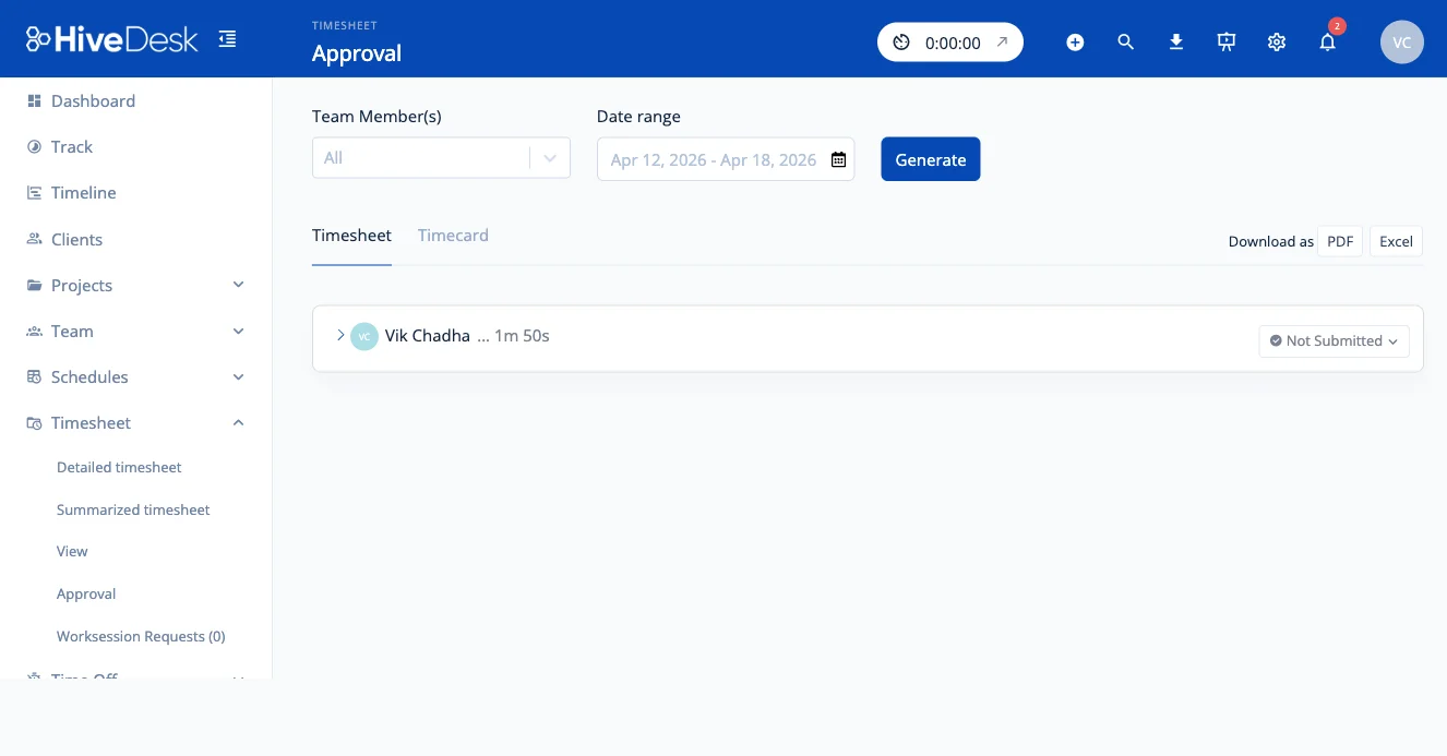 HiveDesk timesheet approval workflow with submitted and approved worksessions