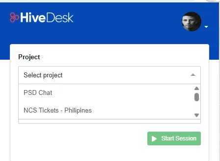 HiveDesk Chrome extension project and task selection interface for browser-based time tracking