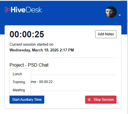 HiveDesk Chrome extension session with breaks view for timesheet and payroll processing
