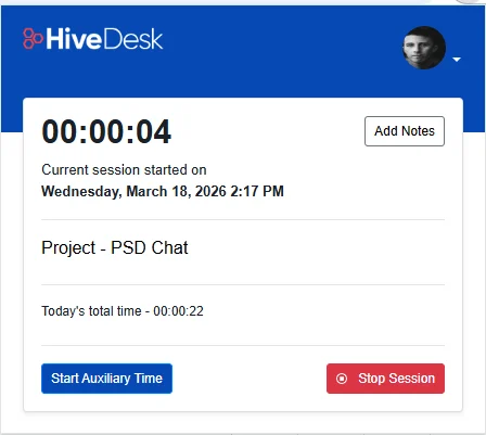 HiveDesk Chrome extension timer interface showing active time tracking with project and task selection