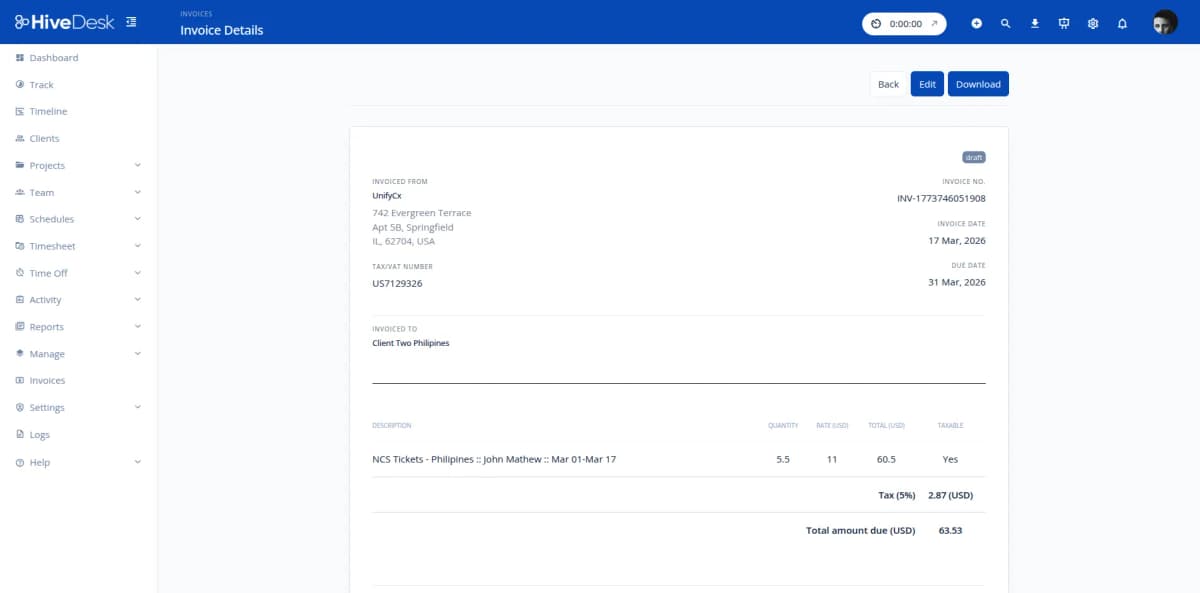 HiveDesk timesheet and invoice view for BPO client billing