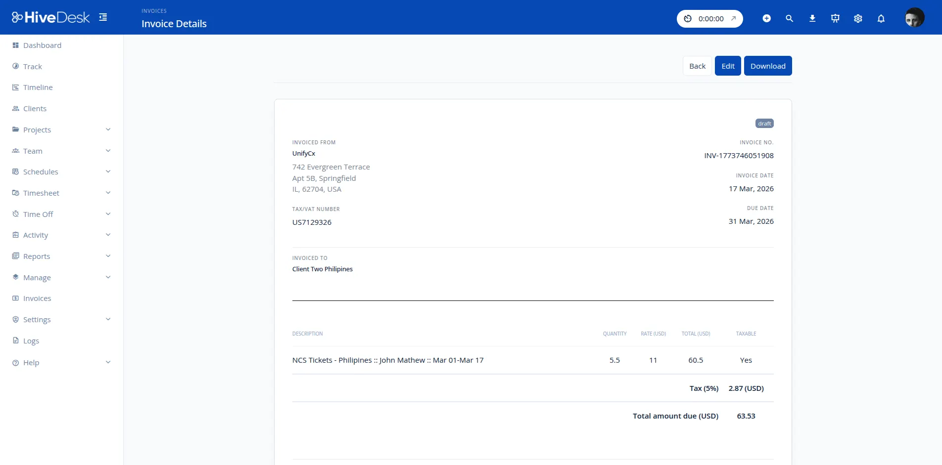 HiveDesk invoicing software showing invoice detail view with line items generated from tracked hours