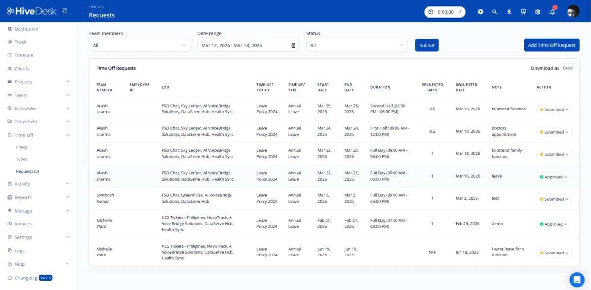 HiveDesk leave management dashboard with request and approval workflow