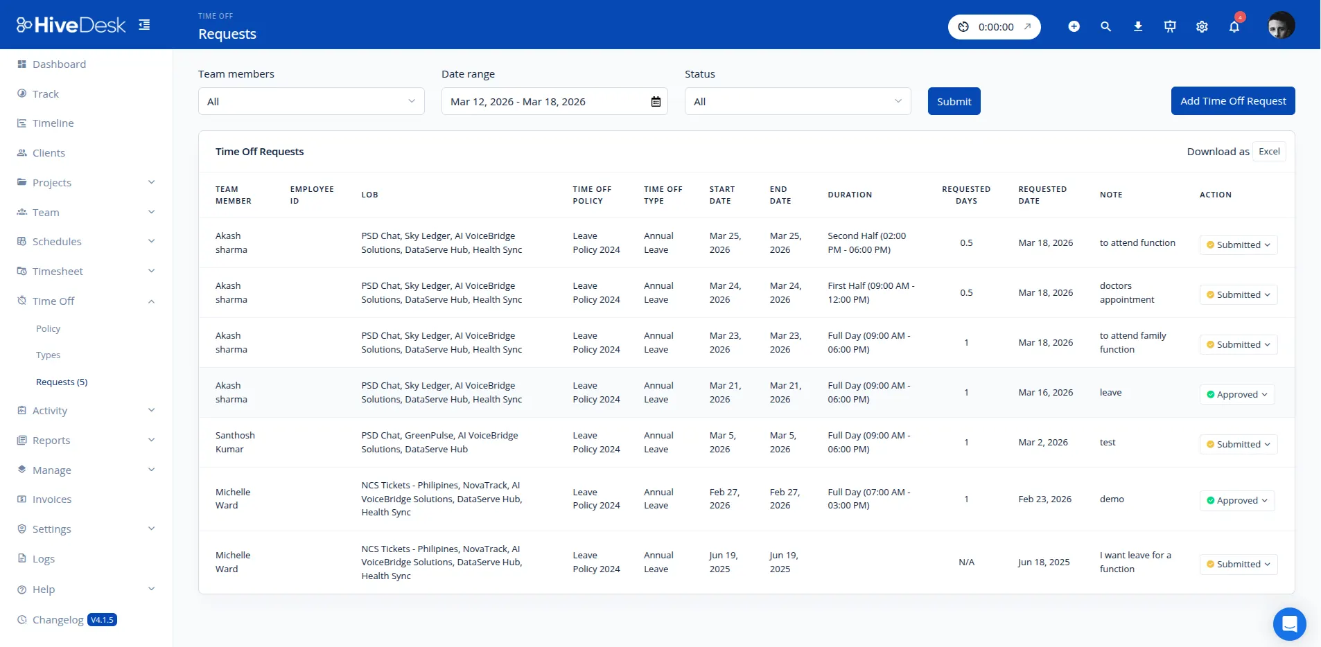 HiveDesk vacation tracker showing leave requests, balances, and approvals