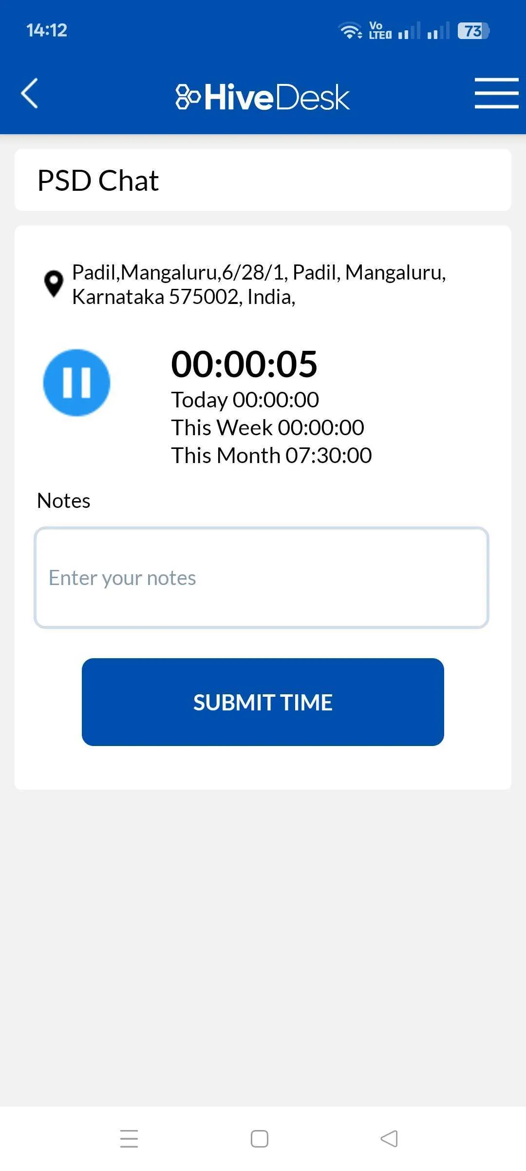 HiveDesk mobile app GPS time clock showing employee location at clock-in