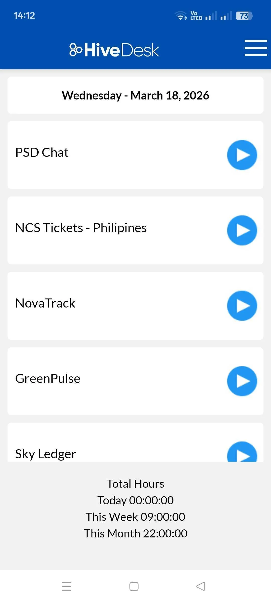 HiveDesk mobile app showing project selection for time tracking