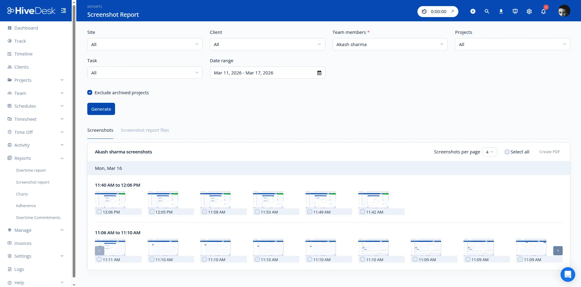 HiveDesk agent monitoring dashboard showing screenshots and activity levels for remote team members