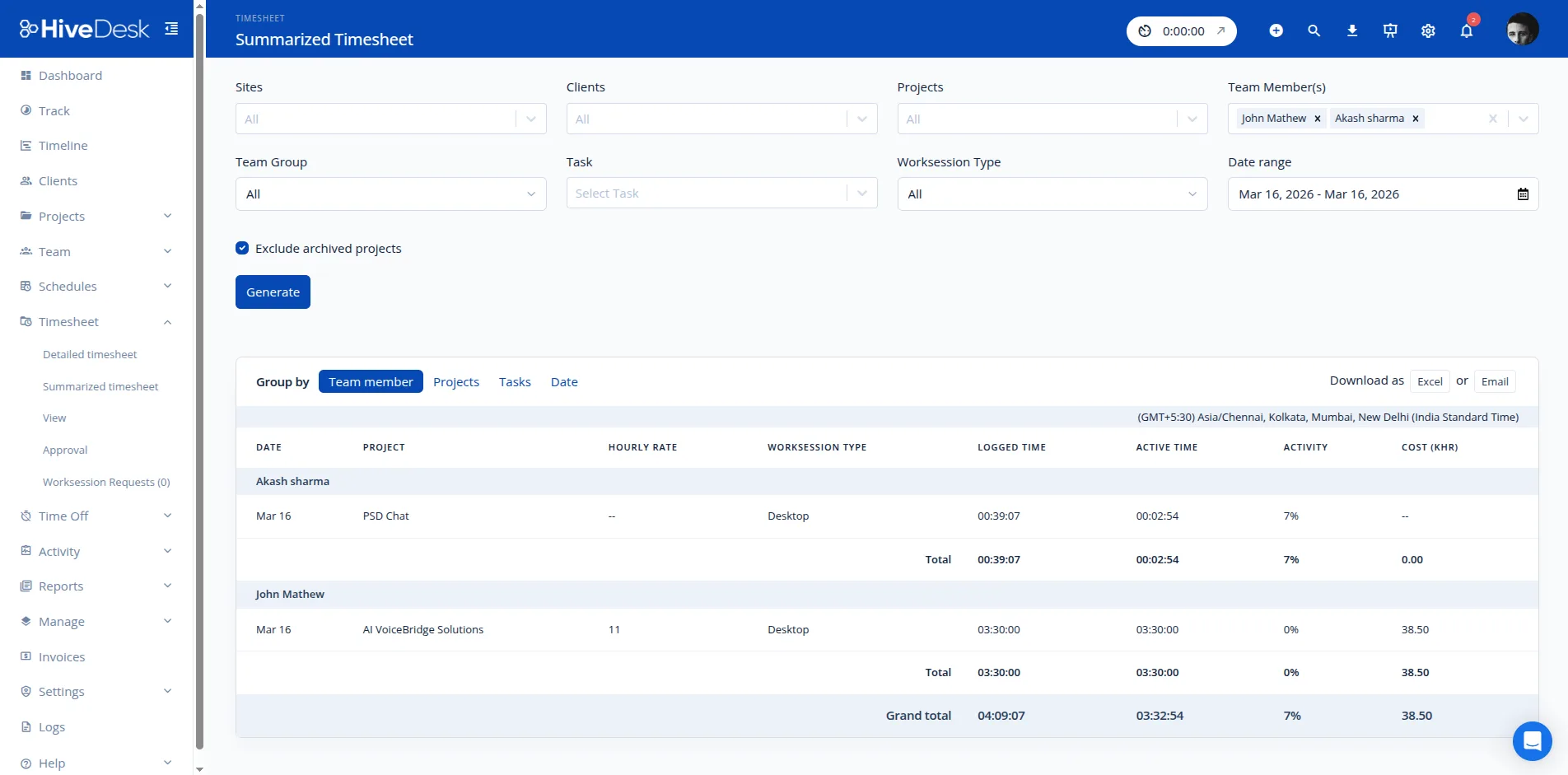 HiveDesk summarized timesheet showing billable hours by project and team member for client billing