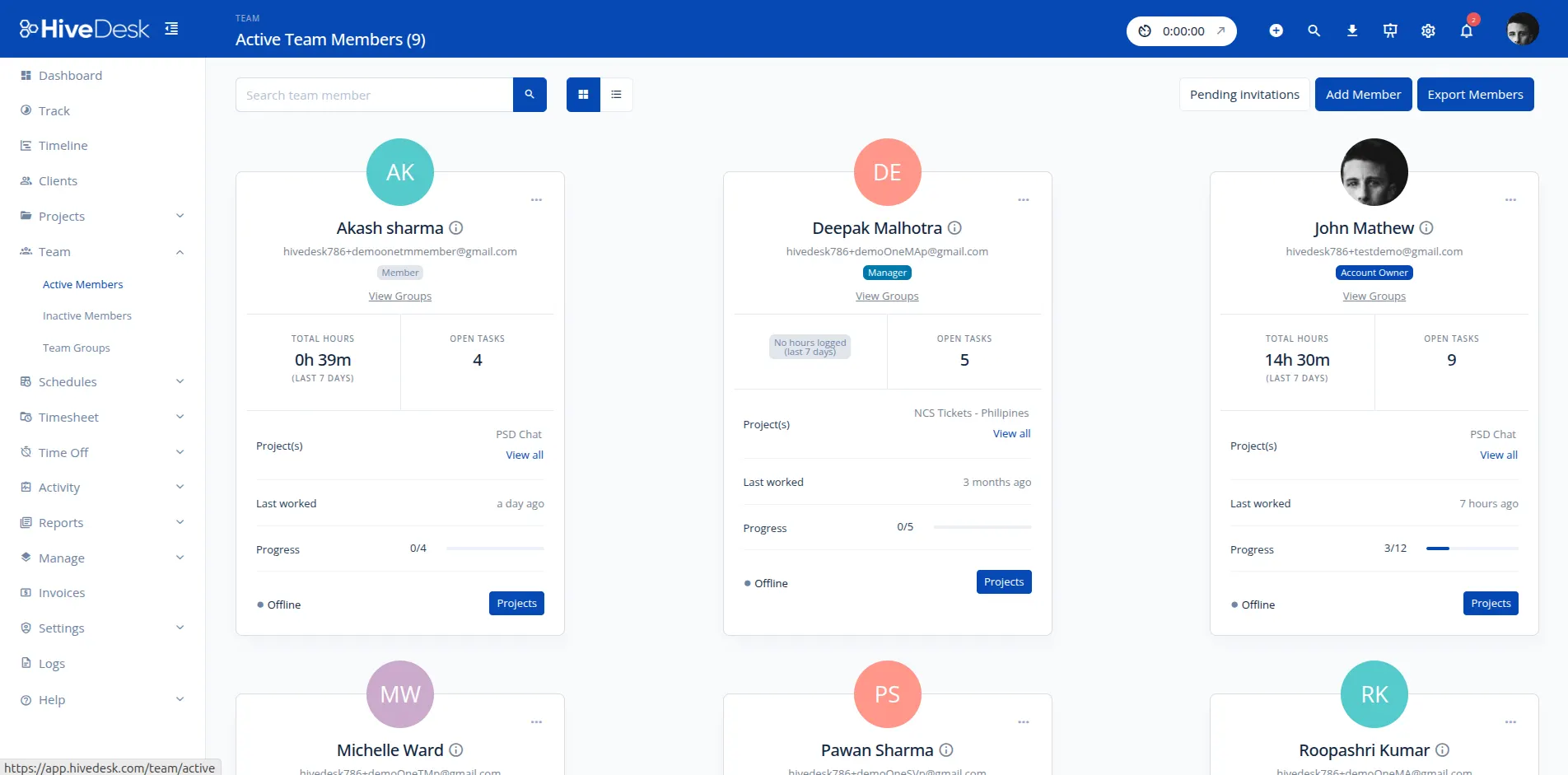HiveDesk automatic time tracking showing active team members and hours logged
