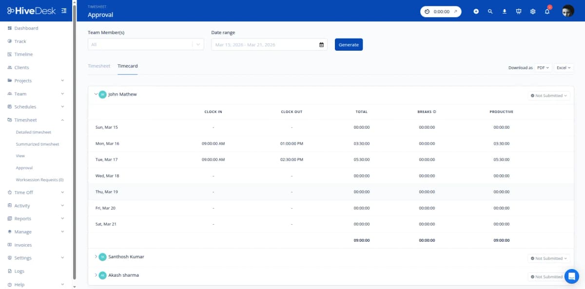 HiveDesk timesheet approval interface for team lead review