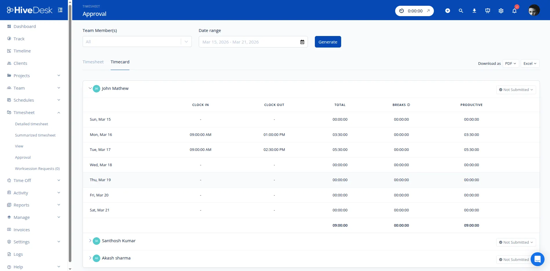 HiveDesk time card approval workflow for managers
