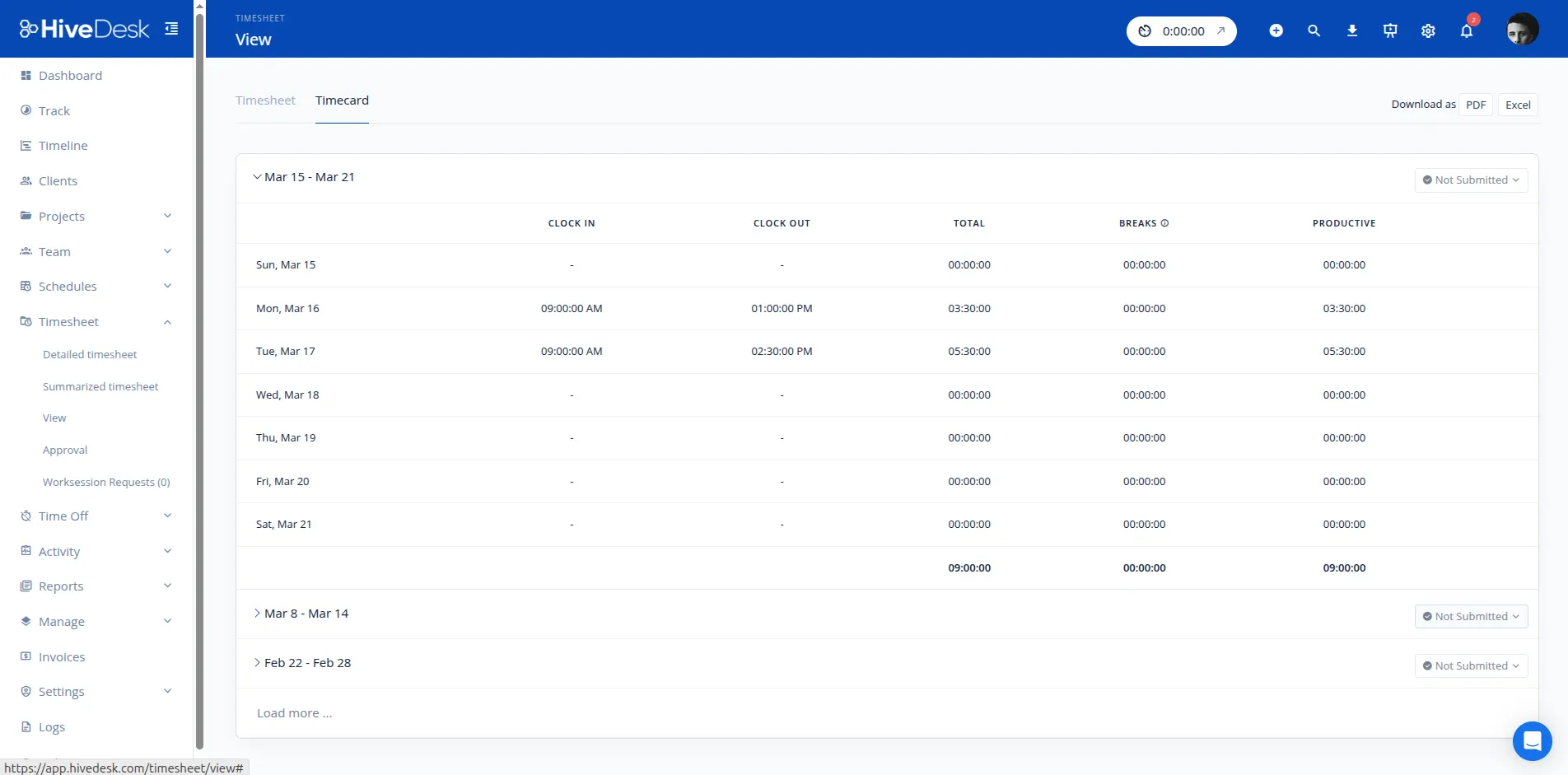 HiveDesk time card app showing employee time card view with hours by project and task