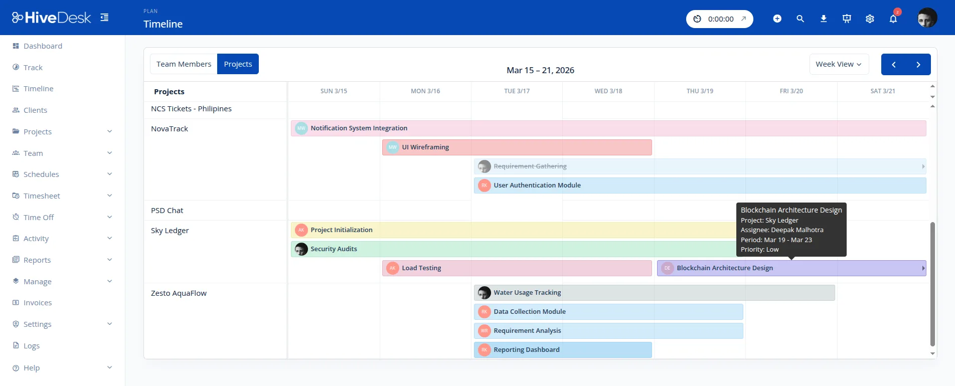HiveDesk project timeline view showing task progress and time tracked by project and team member